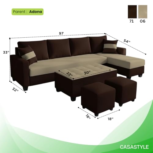 Image of CASASTYLE Adonway 8 Seater Fabric RHS L Shape Sofa Set (Cream-Dark Brown) Premium Velvet Finish | Ideal for Living Rooms