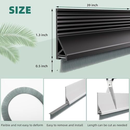 Image of Door Draft Stopper with Brush, Under Door Sweep for Exterior & Interior Doors, Weather Stripping Door Seal, Garage Window Blocker Noise Cold Air Insulation, Draft Guard (Black(39 INCH))