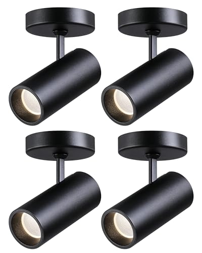 Image of LED Dimmable Indoor Ceiling Spotlight, Hardwire Directional Fixture | 12W Adjustable Wall Surface Accent Lamp for Home Corridor Picture Artwork, 360 Rotatable Directional Spot Light, Black 4Pcs
