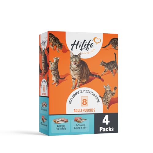 HiLife Adult Wet Cat Food Mixed Ocean Fish in Jelly Recipes Complete Cat Food Pouches 100% Natural & Grain Free Ocean Fish / Sardine with Tuna (32 x 70g Pouches)