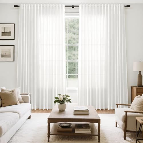 Image of Off White Large Window Curtains Light Filtering Semi Sheer Privacy Linen Textured Curtain for Patio Sliding Glass Door Extra Wide Rustic Farmhouse Drapes for Living Room Bedroom Sunroom 100x90 Inch