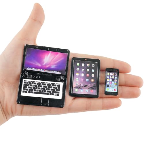 3-Piece Dollhouse Miniature Black Office Set with Metal Laptop Tablet and Smartphone for 1/6 1/12 Scale Tiny Doll House Furniture Toy Accessories Mini...