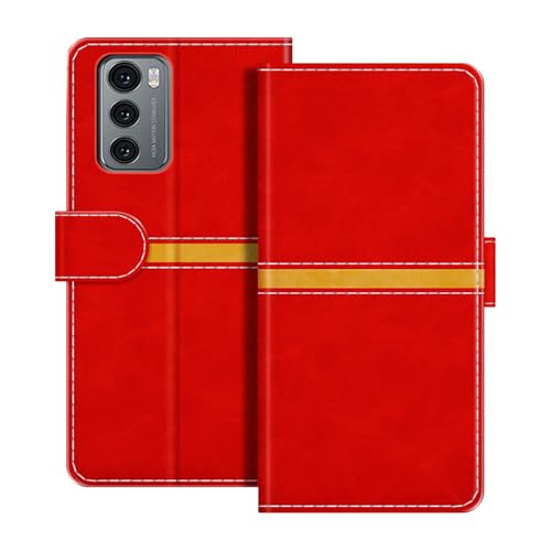 ESACMOT Funda Cartera de Cuero Compatible con LG Wing 5G Diseño de Rayas Horizontales Flip Cover Protectora con Ranura para Tarjeta Cierre Magnético (Rojo)