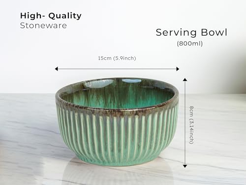 Image of Bodhi House Ceramic Deep Serving Bowls Set of 2 | 800ml Multipurpose Bowls for Ramen, Salad, Cereal, Snacks & More | Microwave Safe | Turquoise Green | Stylish Dining & Gifting Choice