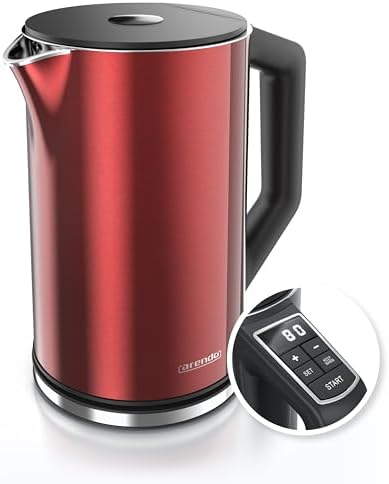 Arendo - Edelstahl Wasserkocher mit Temperatureinstellung 40-100 Grad in 5er Schritten - Doppelwand Design - Modell ELEGANT - 1,5 Liter - 2200 W - Teekocher mit Temperaturanzeige -