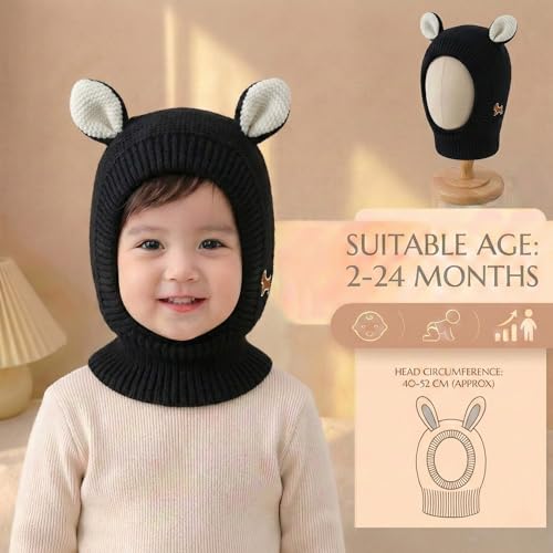 Image of Kraptick Winter Warm Ear Protection Knitted Woolen Unisex Baby Cap with Cute Animal Ears, Soft Fleece Lined Knit Hat with Ear Flaps, Stretchable Monkey Cap for Cold Weather -1