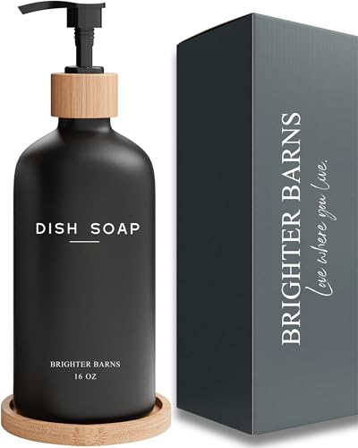 Black Glass Dish Soap Dispenser for Kitchen Sink by Brighter Barns - Modern Kitchen Soap Dispenser Set with Tray - Bamboo Bottle with Pump - Boho Home Decor, Modern Home Decor for Airbnb, Gift (Black)