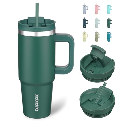 Reviews de Color Verde Militar los mejores 5. 45 BJPKPK - Vasos aislados con mango y pajita, vasos de acero inoxidable de 30 onzas con tapa, color verde militar