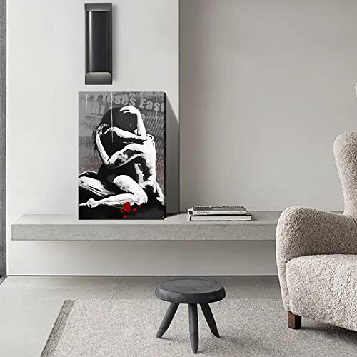 Embrace Love Kissing Wall Art Decor Framed Canvas Couples Print Poster Decor Family Sexy Black And White Artwork Paintings Art Pictures For Bedroom Home Office Living Room Bathroom Farmhouse24*36In #TOP1