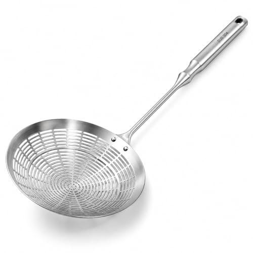 Image of 304 Stainless Steel Cooking Skimmer Jhara with Long Handle, Heavy Duty Spider Strainer Slotted Spoon for Deep Frying, Oil Draining, Pasta, Noodles, Poached Egg, Pakora, Puri & Fries Cooking (Set of 1)