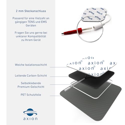 16 TENS EMS Elektroden Pads 5x5 cm, wiederverwendbare Klebeelektroden für TENS Geräte & EMS Trainer, sehr gute Haft- Leitfähigkeit, 2mm Steckanschluss - Zert. Medizinprodukt - axion®