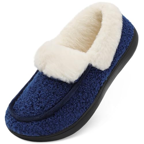 BARERUN Womens Slippers Fuzzy Collar Slipper Boots for Women Wide Toe House Shoes Moccasin Camping Travel Slippers with Hard Rubber Sole Indoor/Outdoor