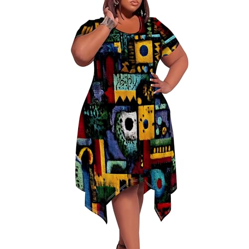 Image of Womens Summer Plus Size Crewneck Midi Dress Short Sleeve High Waist Dresses A Line Smocked Sundress with Pockets