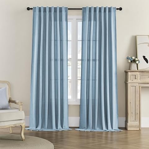 Dusty Blue Long Curtains 108 Inch Length for Living Room Dining 2 Panels Set Back Tab Pocket Drapes Light Filter Semi Privacy Flax Burlap Window Panels for Bedroom Patio Door 50x108 Cover