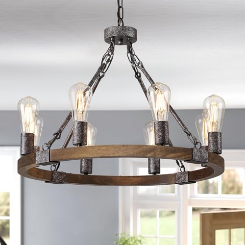 Benkut Farmhouse Wagon Wheel Chandelier 24' 8-Light Rustic Wood Chandeliers | Round Wagon Wheel Light Fixture for Dining Room Entryway Kitchen Foyer Hallway Bedroom, E26 Base, Height Adjustable, Dimmable