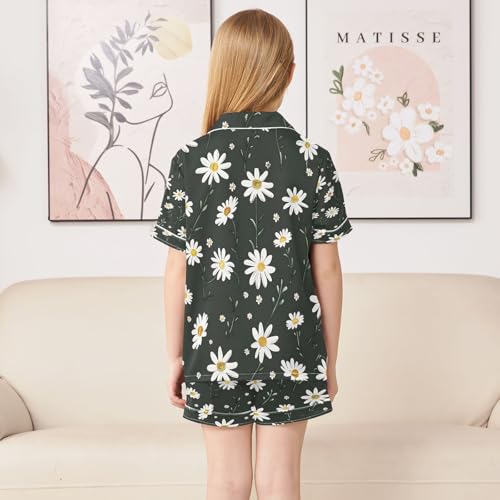 senya Pajama Sets Silky Button Down Nightwear Sleepwear Size 5-14 Years Cute White Daisies4