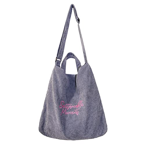 Ruyosn Umhängetasche Damen Groß Cord Tasche mit Reißverschluss Ultraleicht Shopper Tasche Tote Bag Handtasche Henkeltasche Shopper für Uni Arbeit Mädchen Schule Grau Cover