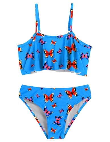 Arshiner Traje de baño de Dos Piezas para niñas, Tankini, con Volantes, Estampado, Ajustable, bañador Triangular, Bikini para niñas de 5 a 15 años, Mariposa azul/140, 9 a 10 años