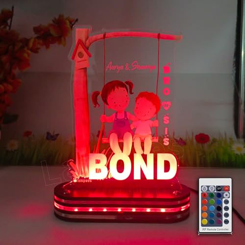 Image of lampees Acrylic Rakhi Gift for Sister-Brother Personalized Name UV Print Lamp | Customized Rakshabandhan Gifts for Sister and Brother (Multicolor Remote)