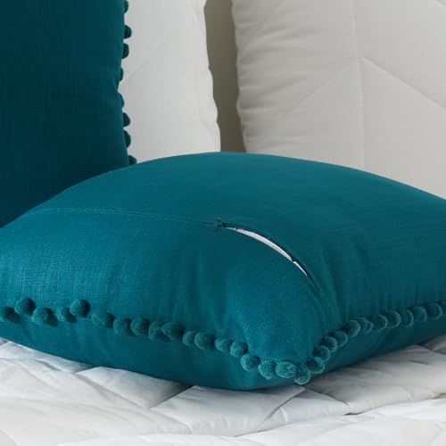 Image of 100% Cotton Pom Pom Cushion Without Filler, Elegant & Modern Cushion Cover for Living Room, Square Shape, 20 inchx20 inch, uni slub, Set of 2 - Teal Green
