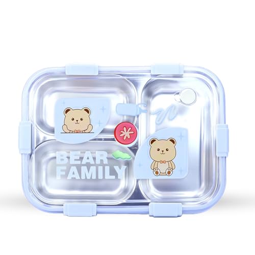 Image of Attro Bento 3 Deluxe Lunch Box with Inner Stainless Steel & Secure Lock Cute Eye Catchy Design Food Grade, Leakproof, Vacuum Seal Design Use for School Kids & Outdoor- 750ml Lavender