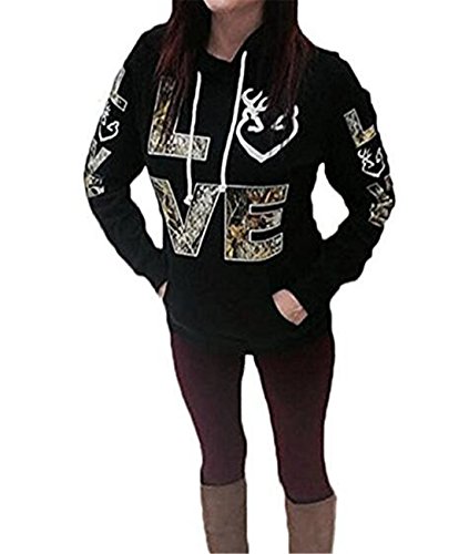 Women's Long Sleeve Love Printed Kangaroo Pocket Hoodie Sweatshirt Black Medium