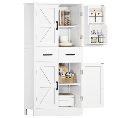 Image of TEENFON Pantry Cabinet with 2 Drawers, Kitchen Storage Cabinet with 4 Door Shelves, Kitchen Pantry for Living Room, Dining Room, Bathroom, White