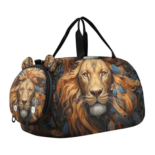 YETTASBIN Sport Travel Duffel Bag for Girls Boys, Lion Large Waterproof Weekender Overnight Bag, Detachable Shoulder Strap Gym Bag with Shoe Compartment & Wet Pocket