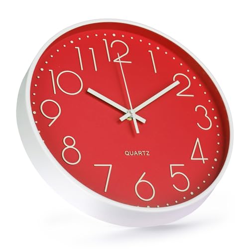 Image of Wall Clock 10 Inch Non-Ticking Silent Modern Simple Style Round Decor Clock Red Stereoscopic Dial Quartz Wall Clocks for Home /Office /School /Living Room /Bedroom /Kitchen