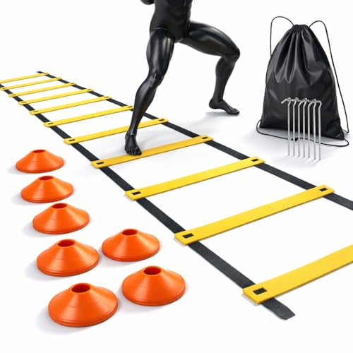 TK Gruppe Timo Klingler Agility Koordinationsleiter Fußball 6 m - Fußball Trainingszubehör mit 10x Hütchen - Training für Fussball & Football Zubehör & Equipment