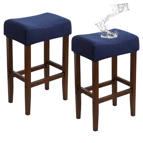 Image of Waterproof Rectangular Bar Stool Covers Navy Blue Set of 2 Stretchable Jacquard Backless Barstool Seat Cover Counter Bar Stool Slipcovers Washable