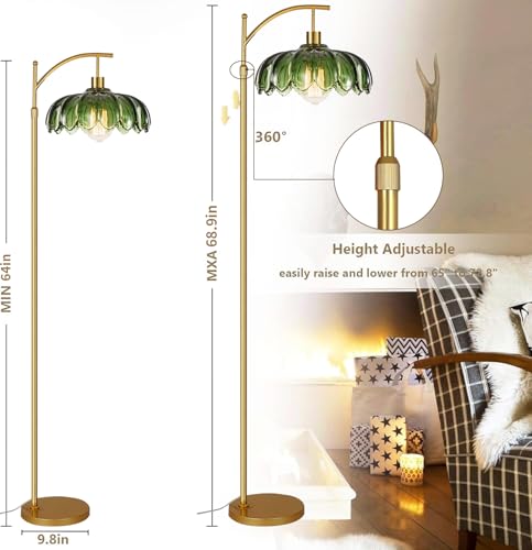 Image of QIYIZM Glass Floor Lamp for Living Room,Bedroom,Gold Dimmable Standing Lamp with Remote,Mid Century Modern Brass Tall Lamp Boho Vintage Retro Floor Lamps Arc Green Flower Floor Light Lamp Bohemian