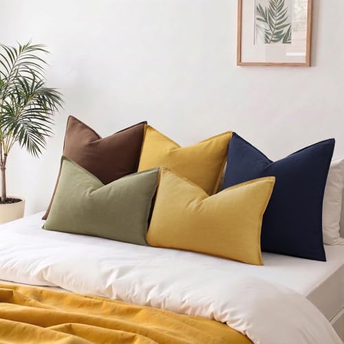 Image of decorUhome Fall Decorative Linen Throw Pillow Covers 12x20 Inch Set of 2 Mustard Yellow Lumbar Pillow Covers with Flange Edges Soft Farmhouse Boho Accent Pillow Cases for Couch Bed Living Room