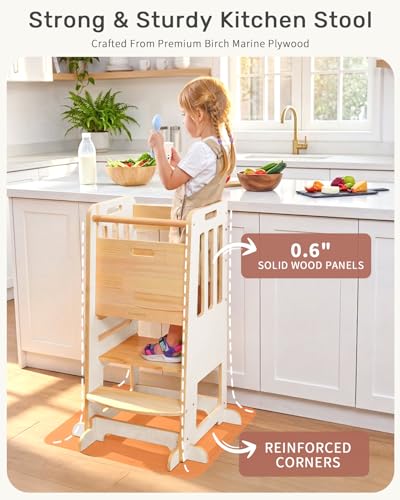 Image of WINGYZ Toddler Tower - Anti-Tip Natural Wood Learning Stool Helper for Kids 18M-6Y, 150lb Capacity Kitchen Stool with 3-Height Adjustable Platform and Sliding Door Access, 20lb Portable Design, White
