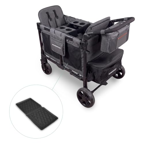 Image of WonderFold W2 Elite Pro Bundle - 2-Seater Stroller Wagon with All-Weather Floor Mat, Flex Snack Tray & Parent Console, Safety-Certified with 5-Point Harnesses - Gray