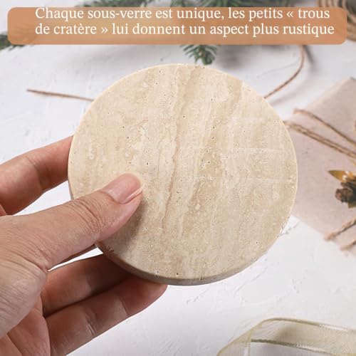 TOLIDA Lot de 4 dessous de verre hexagonaux en travertin de 10 x 10 cm avec patins en bois souple – Dessous de verre en travertin en marbre beige naturel pour boissons, tasses à café, décoration de – vue 4
