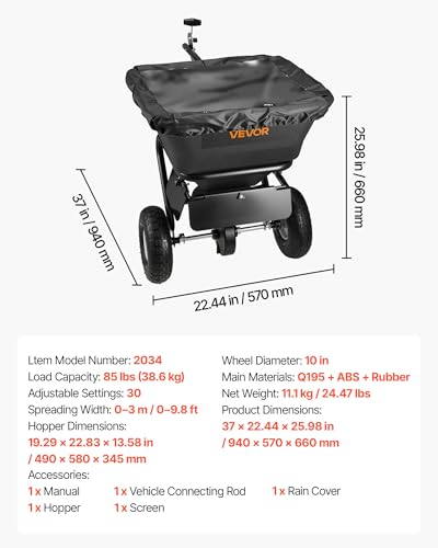Image of VEVOR Tow-Behind Spreader, 9.8 ft Spreading Width, Broadcast Spreader with 10 inch All-Terrain Tires, 85 lbs Capacity Hopper, Adjustable Flow Control, Lawn Spreaders for Seed Fertilizer Ice Melt