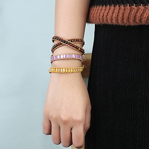 Image of KELITCH Double Wrap Bracelet Women Hand-Braided Turquoise Beads Bracelets Boho Leather Bracelets Bangle