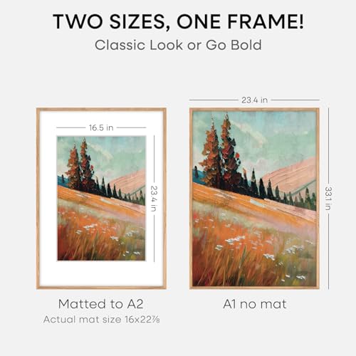 Image of Homeforia A1 Natural Oak Poster Frame, High-End Wood, A2 Mat, Glass | High End Solid Oak Wood, Tempered Glass, Acid-Free A2 Removable Mat, A1 Edge-to-Edge Display, Wall Kit, Set Of 2