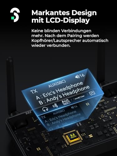 SOOMFON Bluetooth 5.3 Sender Empfänger mit Doppelantenne, 3-in-1 BT Audio Adapter für 2 Kopfhörer, Bluetooth Transmitter Receiver für TV/Stereoanlage, mit Bildschirm & Lautstärkeregelung, Aux/Optisch – Bild 5