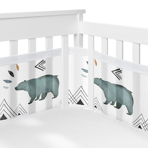 Image of Sweet Jojo Designs + BreathableBaby Bear Mountain Boy Breathable Mesh Crib Liner Baby and Infant - Slate Blue Black and White Woodland Forest Mountains Arrows