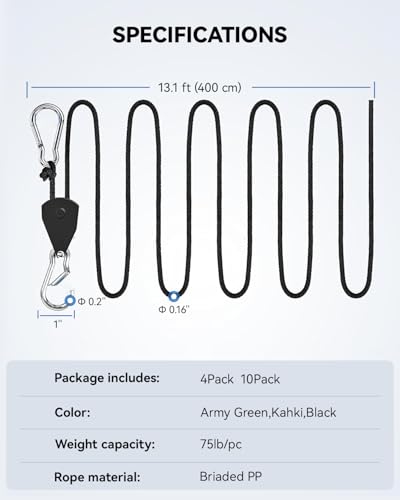 Image of 4Pack Retractable Ratchet Tie Down Straps, 13 Ft 1 /8 inch Adjustable Rope Hanger, Heavy Duty Ratcheting Pulley System with 2 Carabiner Hook, for Tent, Hanging Plants, Grow Lights, Vivid Red