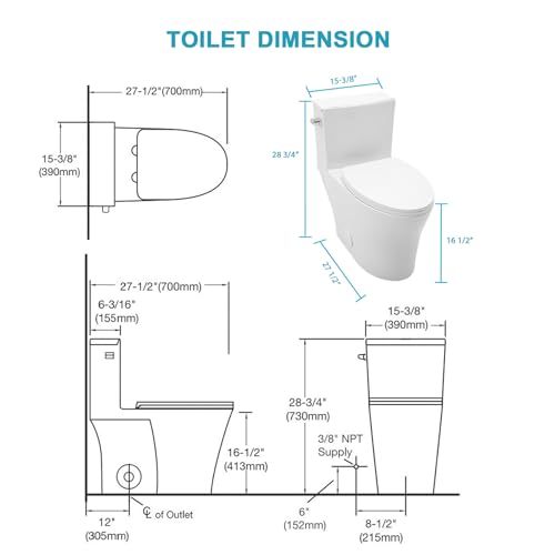 Inodoro de una pieza alargado, compacto, con asiento de cierre suave y kit completo de instalación, altura ADA para sillas, descarga de alta eficiencia de 1,28 GPF, distancia de instalación de 12 pulgadas, color blanco miniatura 2