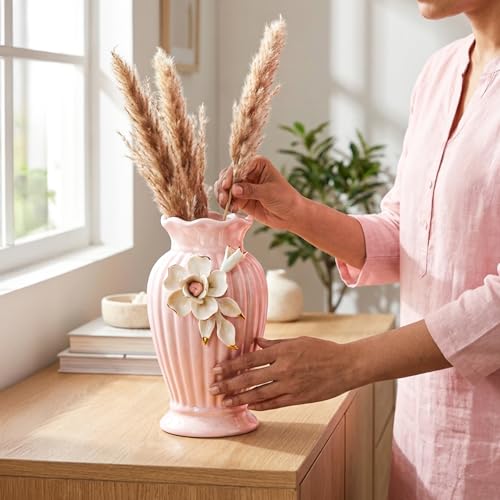 Image of MARKET 99 Light Pink Ceramic Curvy Vase with Engraved Floral Pattern | Decorative Flower Holder for Fresh & Artificial Flowers | Aesthetic Tabletop Vase for Home Decor, Living Room, Bedroom, & Office