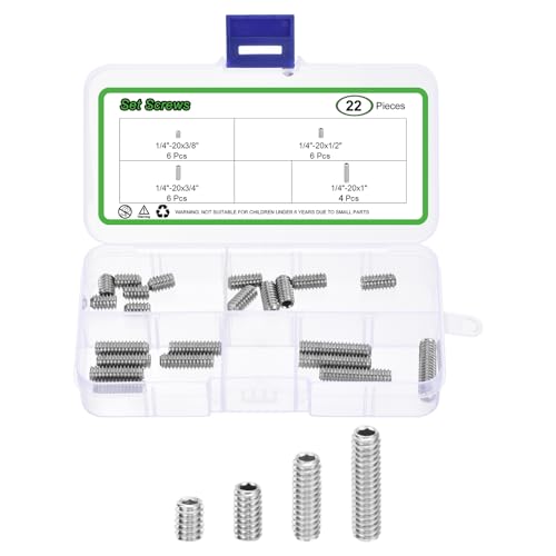 sourcing map Allen Head Socket Hex Grub Screw Assortment Kit,22PCS 1/4-20 4 Sizes 304 Stainless Steel Internal Hex Drive Cup-Point Set Screws Assortment Kit for Door Handles, Faucet