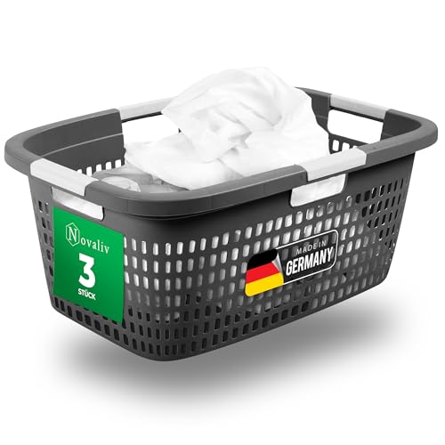 Novaliv 3 Stück Wäschekorb mit 4 Griffen 40L Anthrazit, Wäschebox Set Wäscheeimer Wäschebehälter für Bad Wäsche Schmutzwäsche, Wäschekörbe Laundry Basket Aufbewahrung Korb Sammler Box