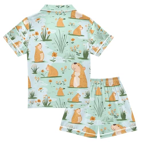 senya Cute Capybara Pond Satin Summer Pajama Sets Silk Short Sleeve Button Down Sleepwear2