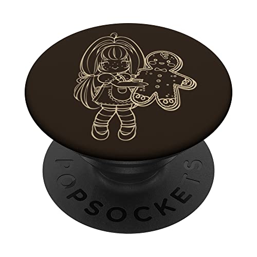 A Chibi Coquette Girl and Gingerbread Man at Christmas PopSockets Swappable PopGrip, Black