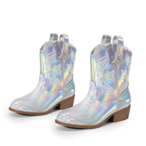 DREAM PAIRS Girls Cowgirl Boots Cowboy Boots with Low Heel Western Embroidered Fashion Mid Calf Shoes for Toddler/Little Kid/Big Kid 8 Toddler Silver
