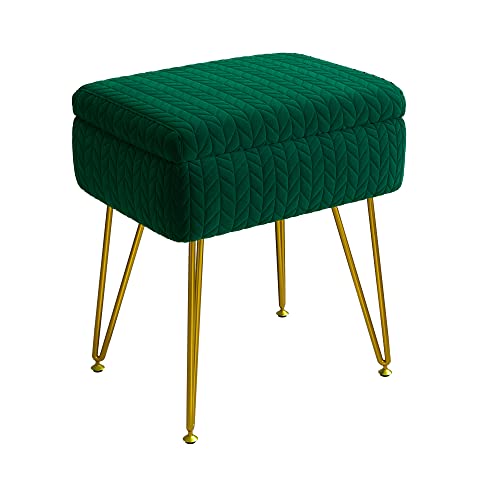 Enhomee Vanity Stool Chair With Storage 19.3"H Soft Velvet Storage Ottoman With Metal Gold Leg Vanity Chair For Makeup Room With Wooden Top Cover Modern Makeup Footstool For Bedroom, Livingroom, Green #TOP23